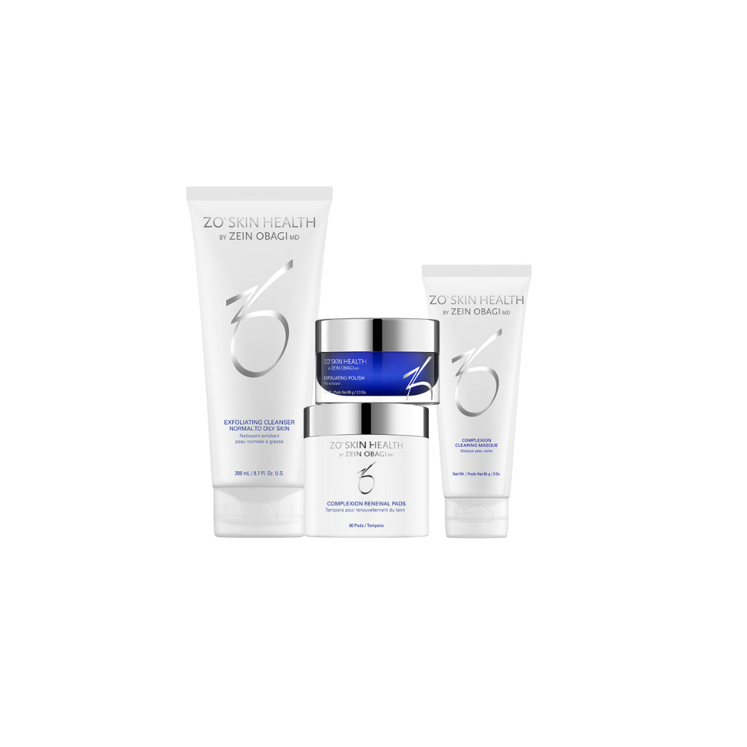 Skincare product set by ZO Skin Health on a white background.