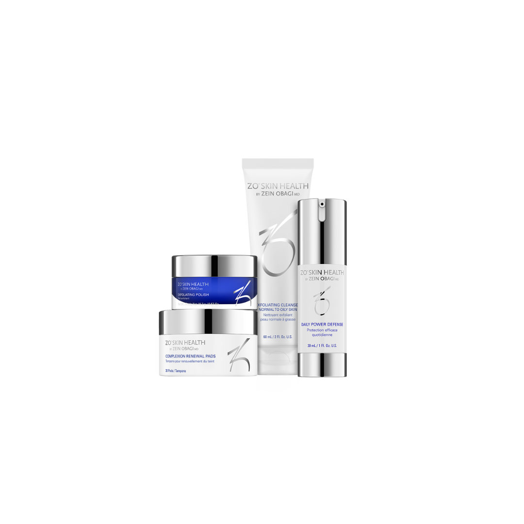 Skincare products, Zo Skin Health brand, in white packaging.