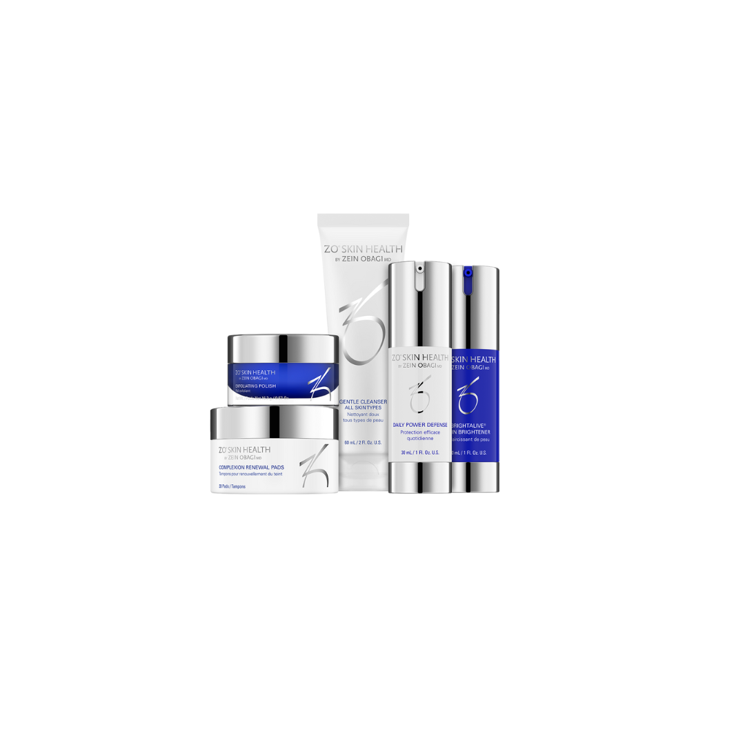 A skincare product set with white and blue packaging.