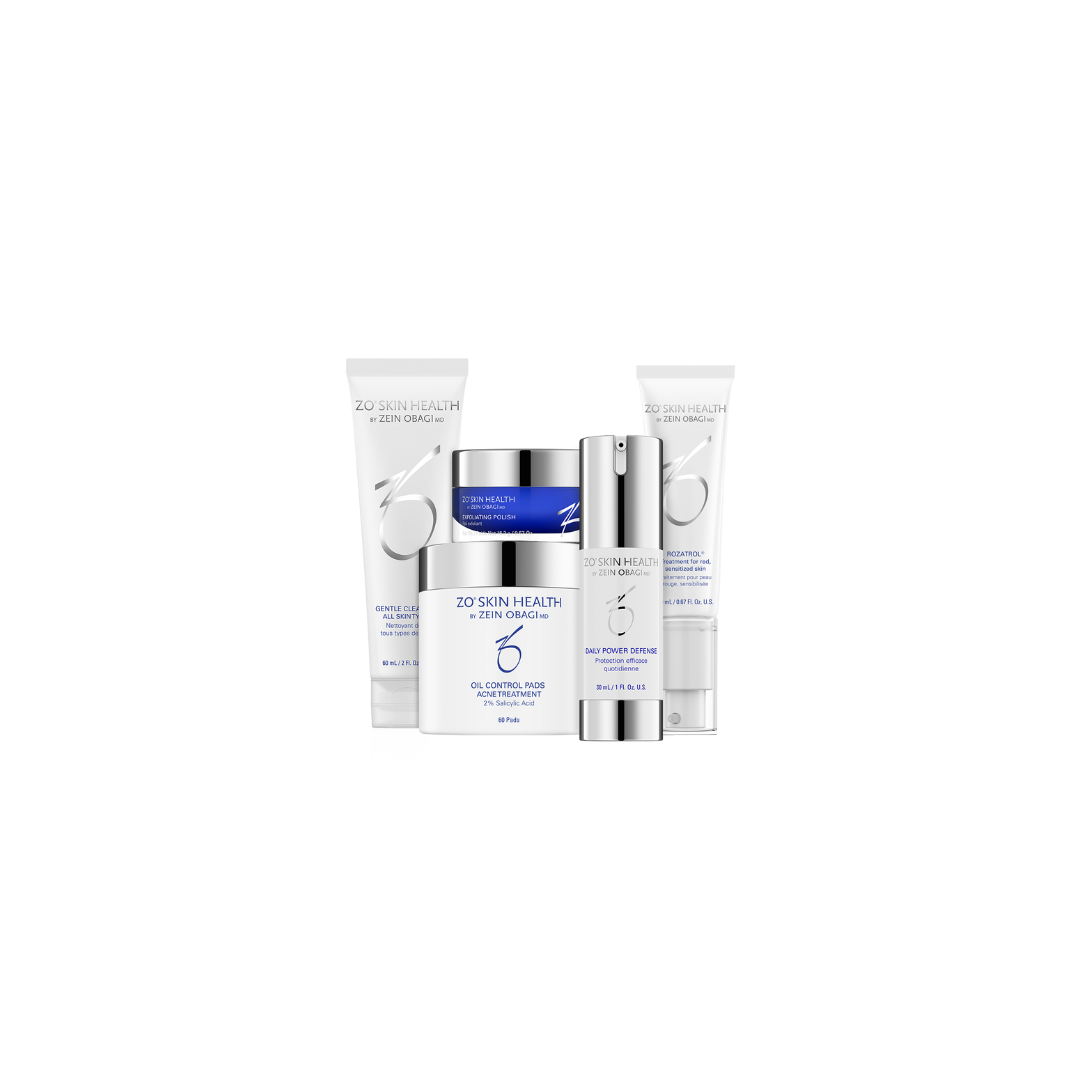 Skincare products: white tubes and jars with blue accents, arranged on white background.