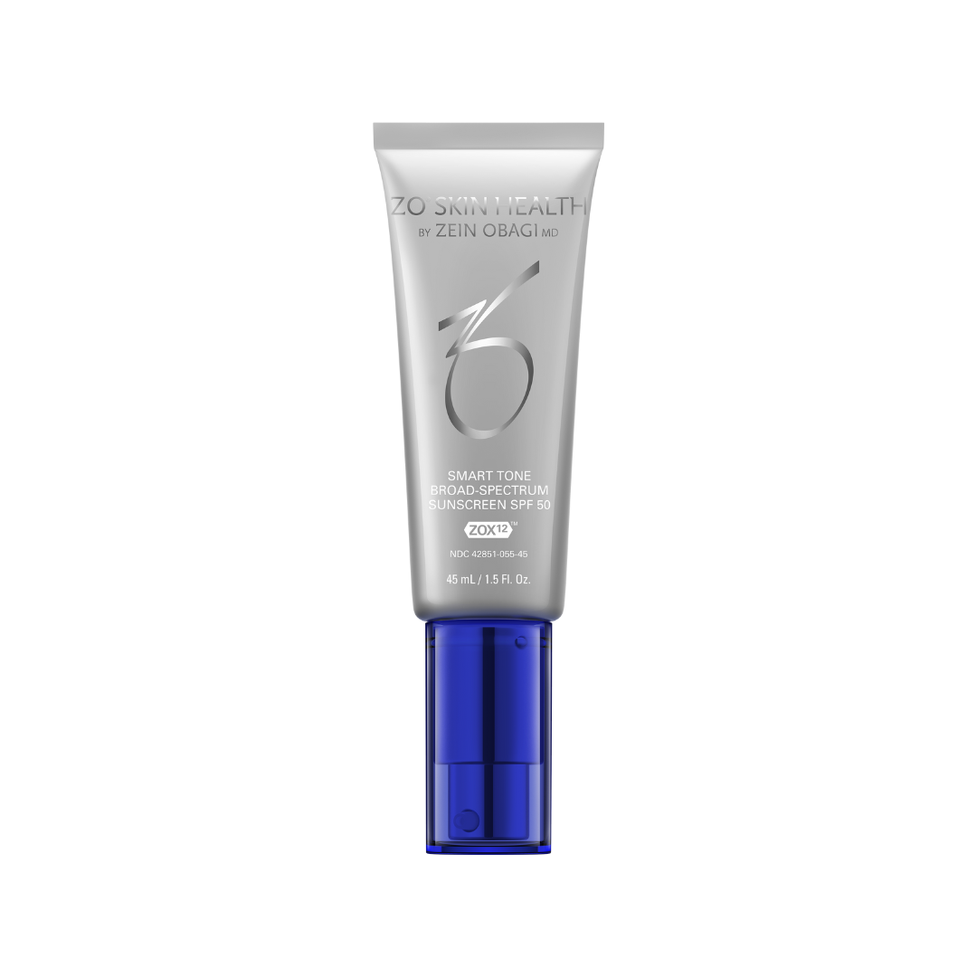 Tube of ZO Skin Health Sunscreen, silver tube with blue cap.