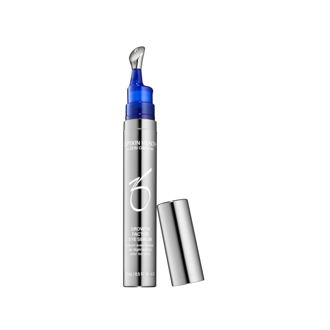 Silver eye serum tube with blue accents and applicator; cap off.