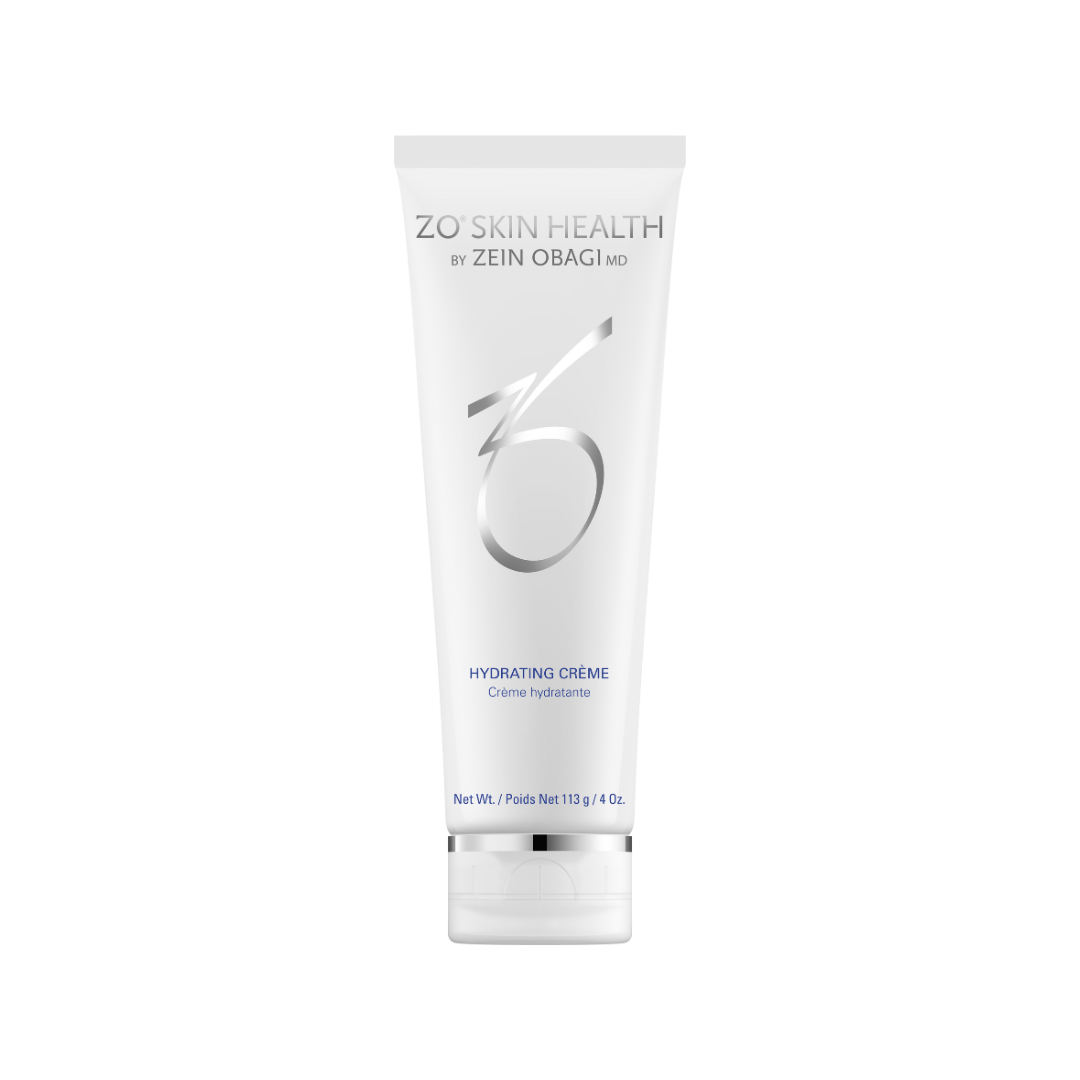White tube of ZO Skin Health Hydrating Cream with blue text and silver accents.