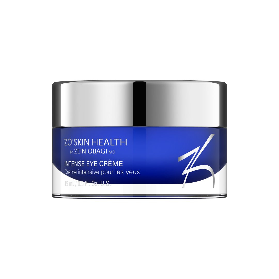 Blue jar of ZO Skin Health Intense Eye Crème with silver cap.
