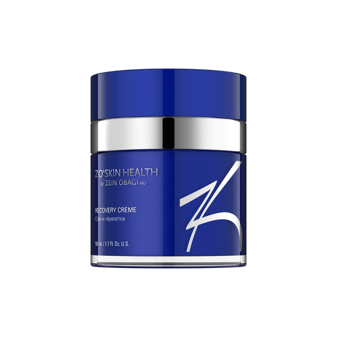 Blue and silver jar of ZO Skin Health moisturizer.
