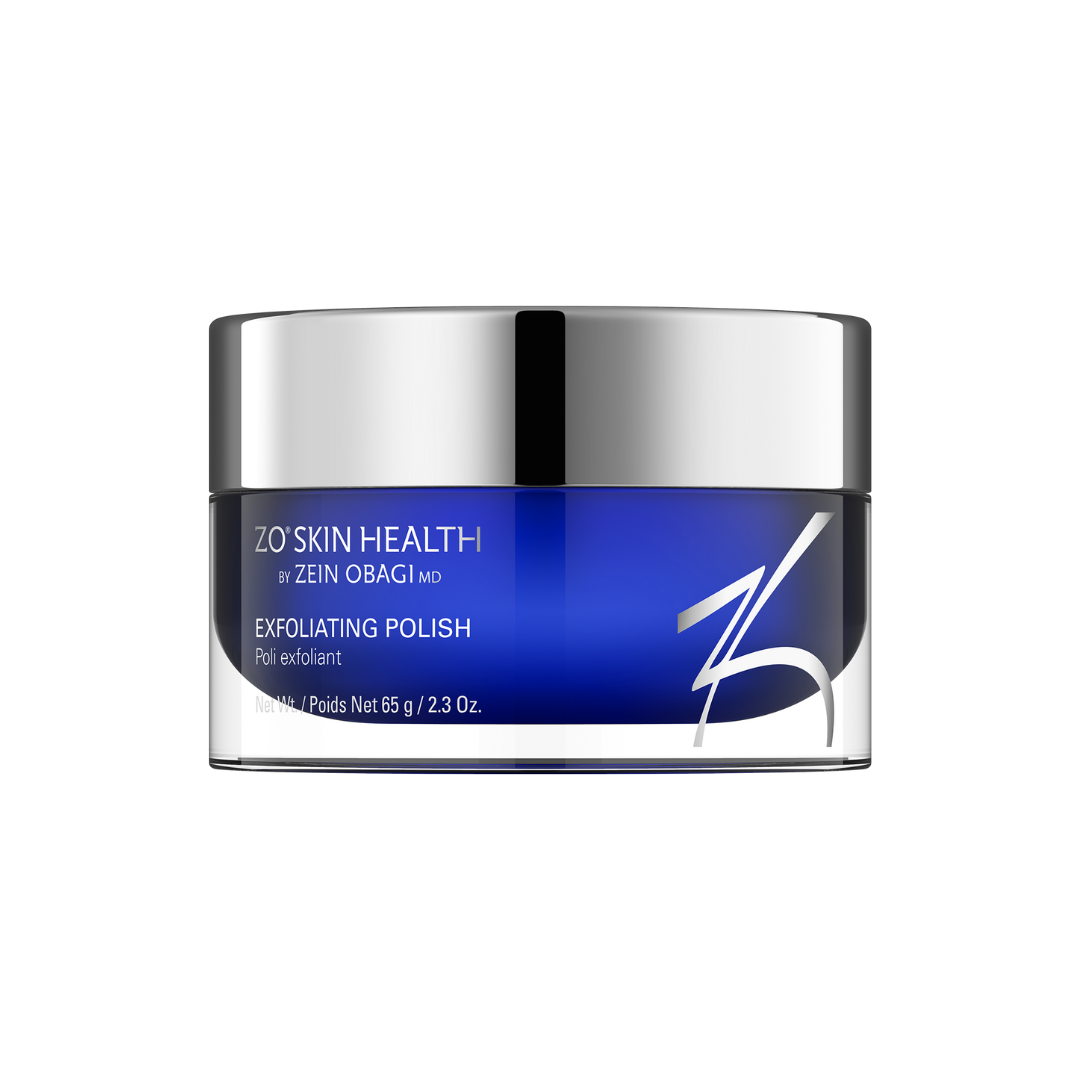 A jar of ZO Skin Health Exfoliating Polish with a blue hue and silver lid.