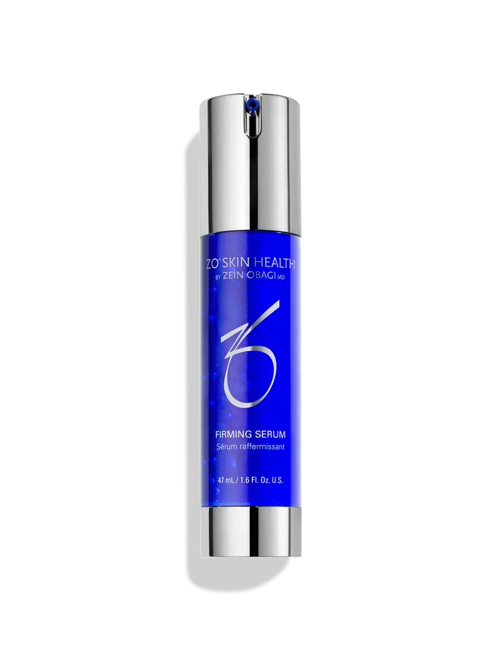 Blue and silver ZO Skin Health firming serum bottle.