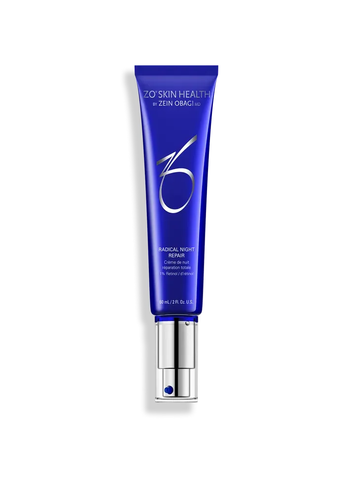 Blue tube of Zo Skin Health Firming Serum with silver pump and white text.