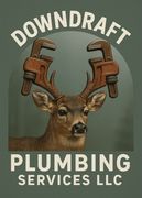 Downdraft Plumbing Services LLC logo with a deer head wearing pipe wrenches as antlers