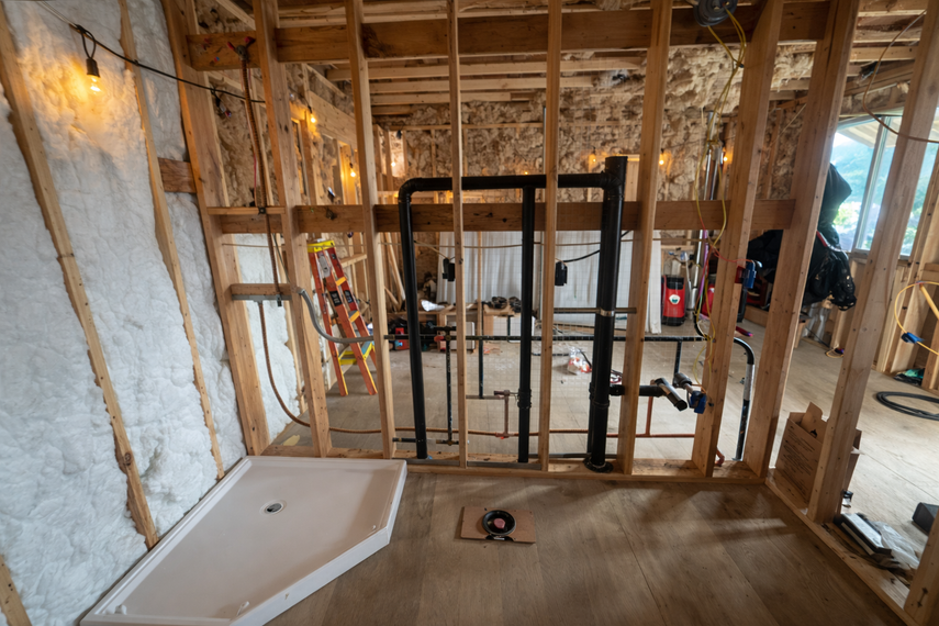 Interior under construction with exposed studs, a shower base, and unfinished flooring and walls.