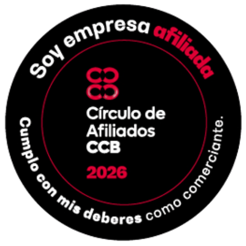 Circular black badge reading “Soy empresa afiliada”, “Círculo de Afiliados CCB 2026”, and “Cumplo con mis deberes como comerciante.”