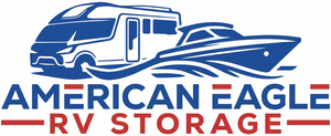 Logo of American Eagle RV Storage with a blue RV and boat above text.
