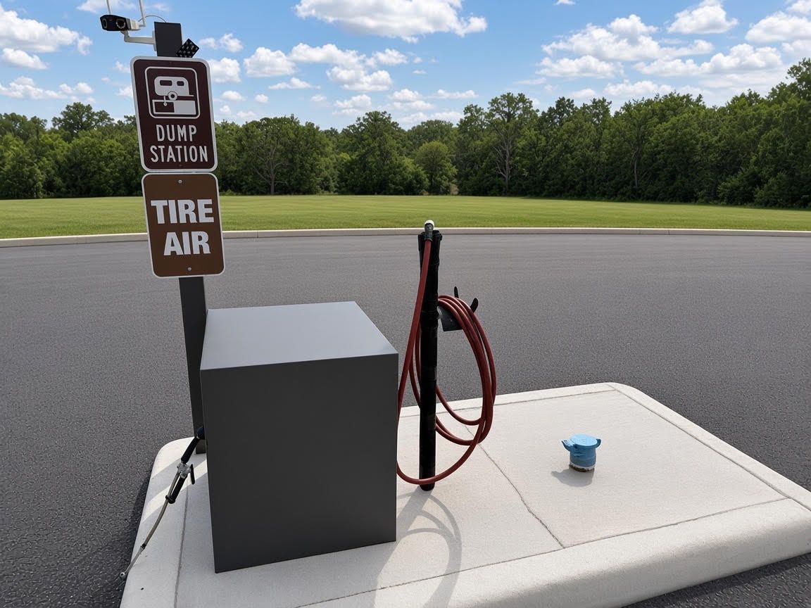 Air pump station with tire air hose beside a roadside in a park-like area