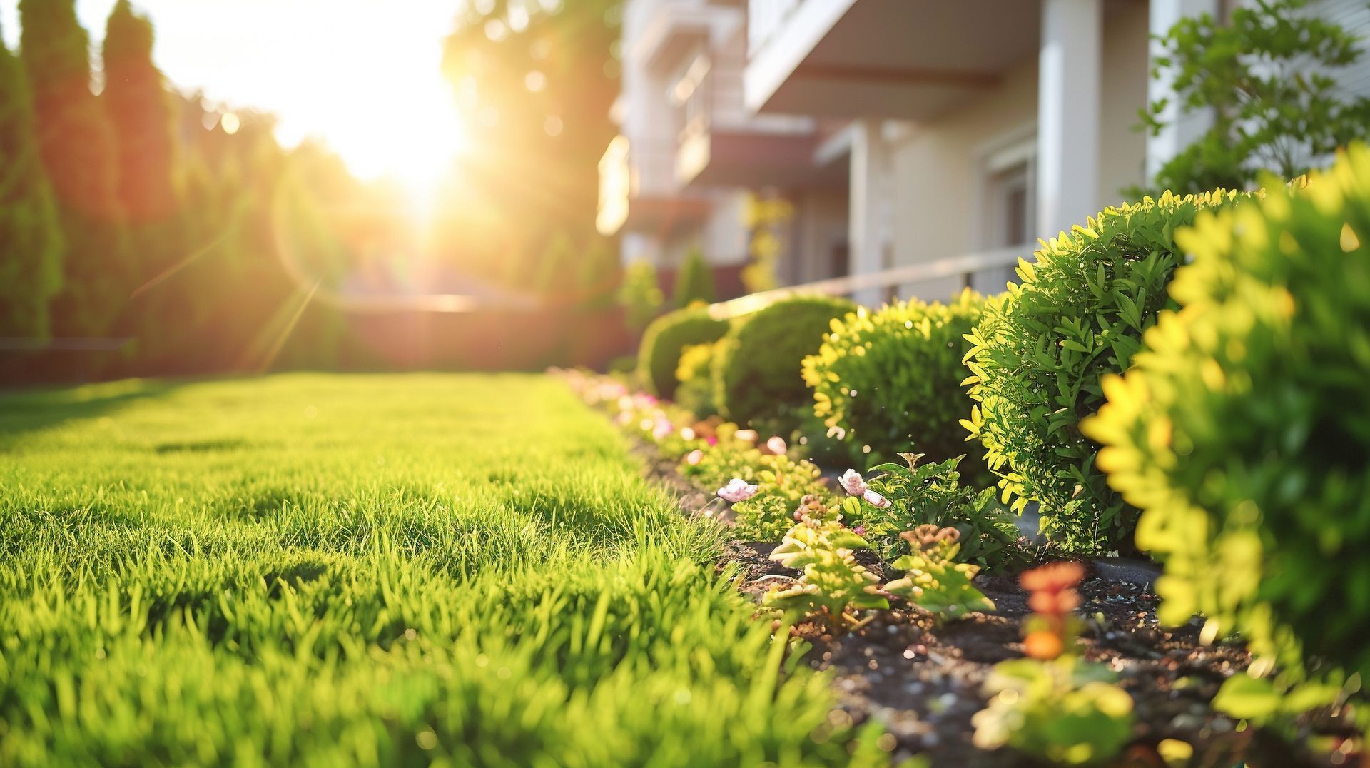 Sunlit green lawn beside neatly trimmed shrubs and a house porch