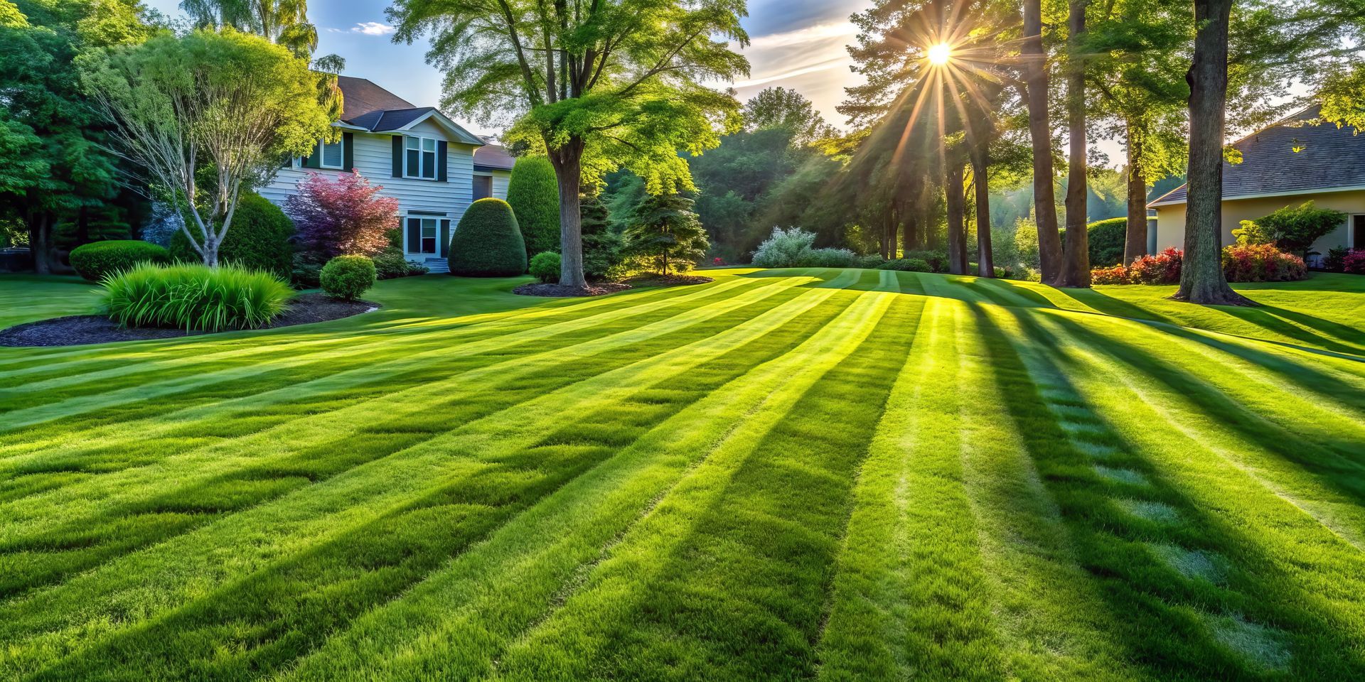 Sunlit suburban house with lush green lawn and long tree shadows
