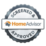 Screened and approved HomeAdvisor badge logo with gray seal and orange house icon Screened and approved HomeAdvisor badge logo with gray seal and orange house icon
