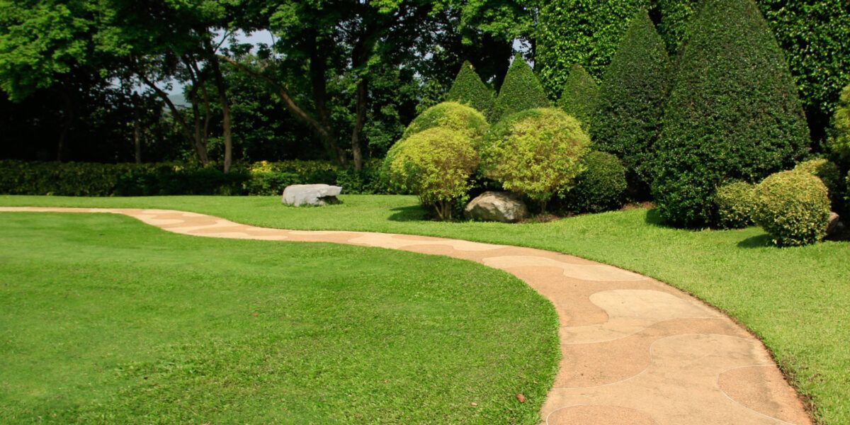 Curving tan garden path through a lush green lawn with shrubs and trees