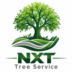 Logo with green tree growing from a hand above &ldquo;NXT Landscaping And Tree Service&rdquo; text