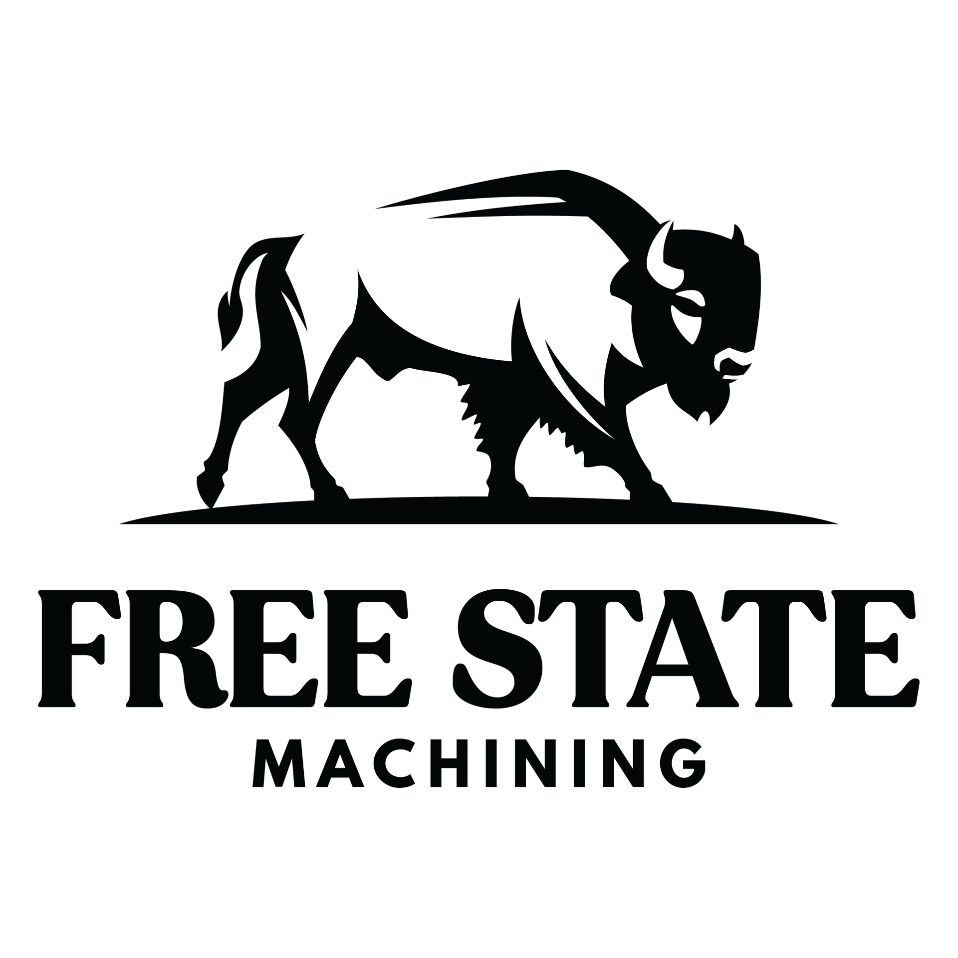 Black and white logo: bison above 