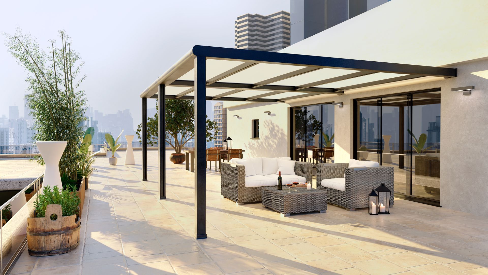 A modern rooftop terrace with a black metal pergola over wicker patio furniture and potted plants against a city skyline.