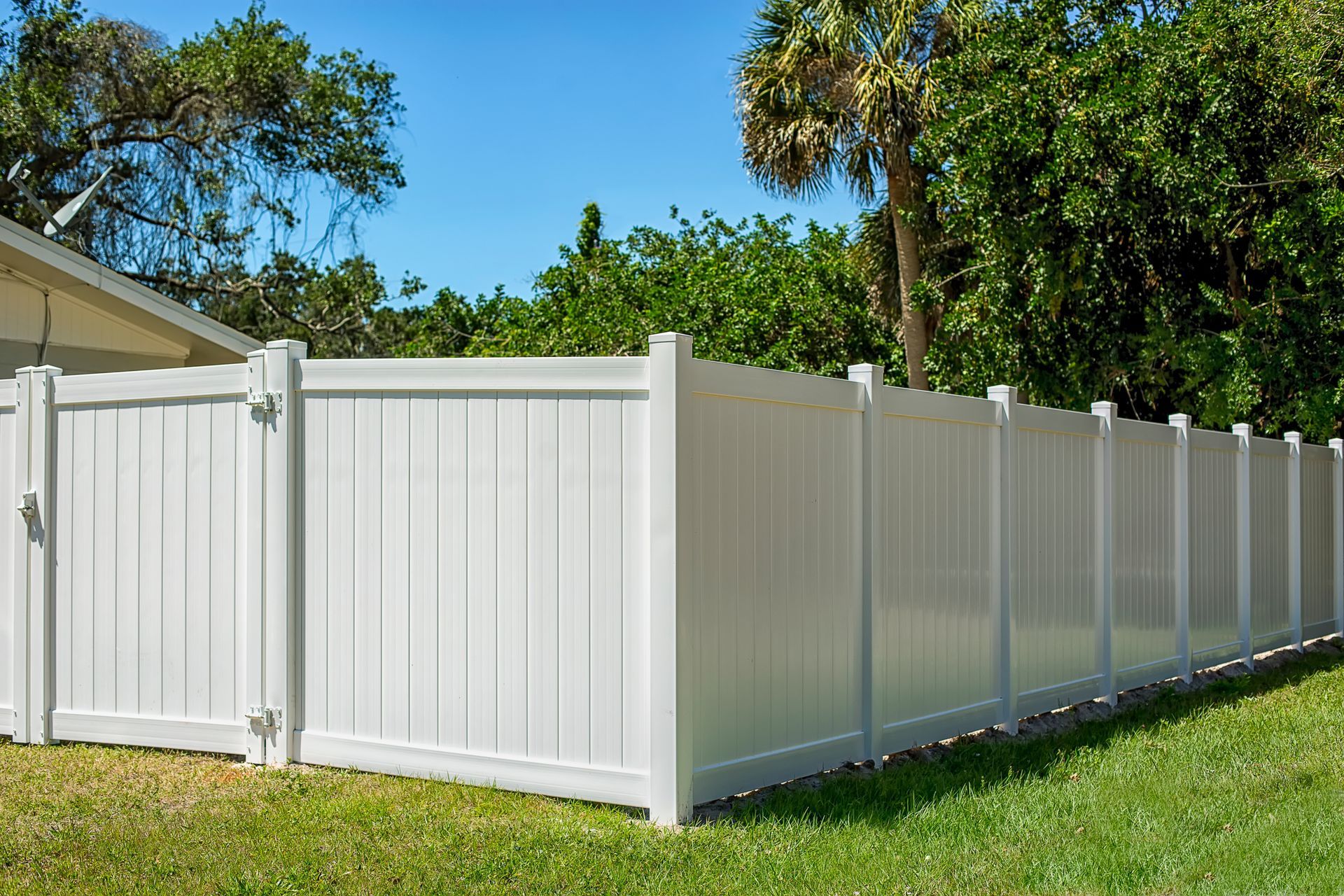 A white vinyl privacy fence with a gate stands in a grassy yard under a bright blue sky with trees in the background.