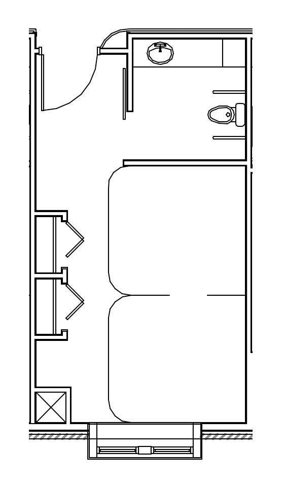 A black and white floor plan of a room with a bed and a bathroom.