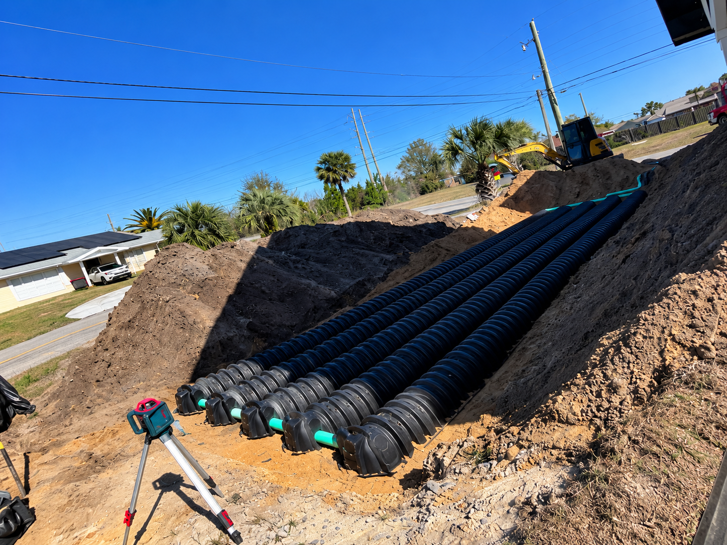 Black plastic drainage pipes laid in a dirt trench at a roadside construction site under a clear blue sky