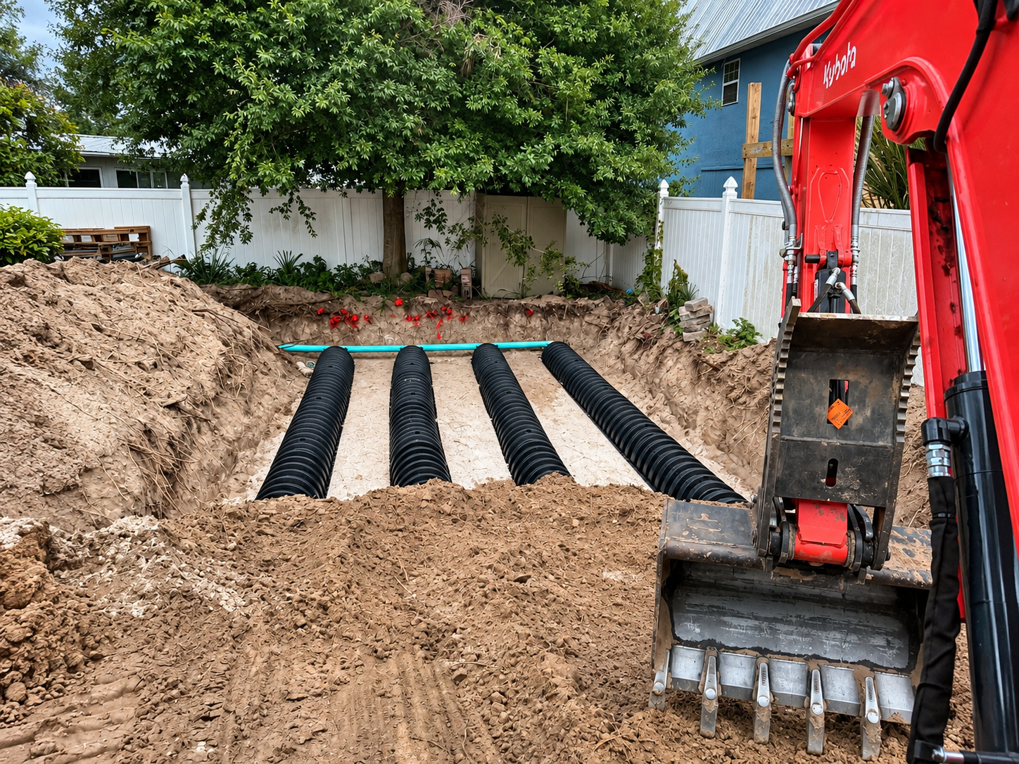 Excavator digging a trench with black drainage pipes laid in a backyard construction site.
