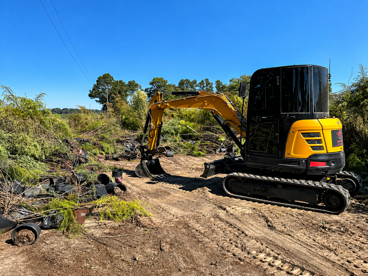 Yellow excavator clearing dirt on a dry construction site under a clear blue sky
