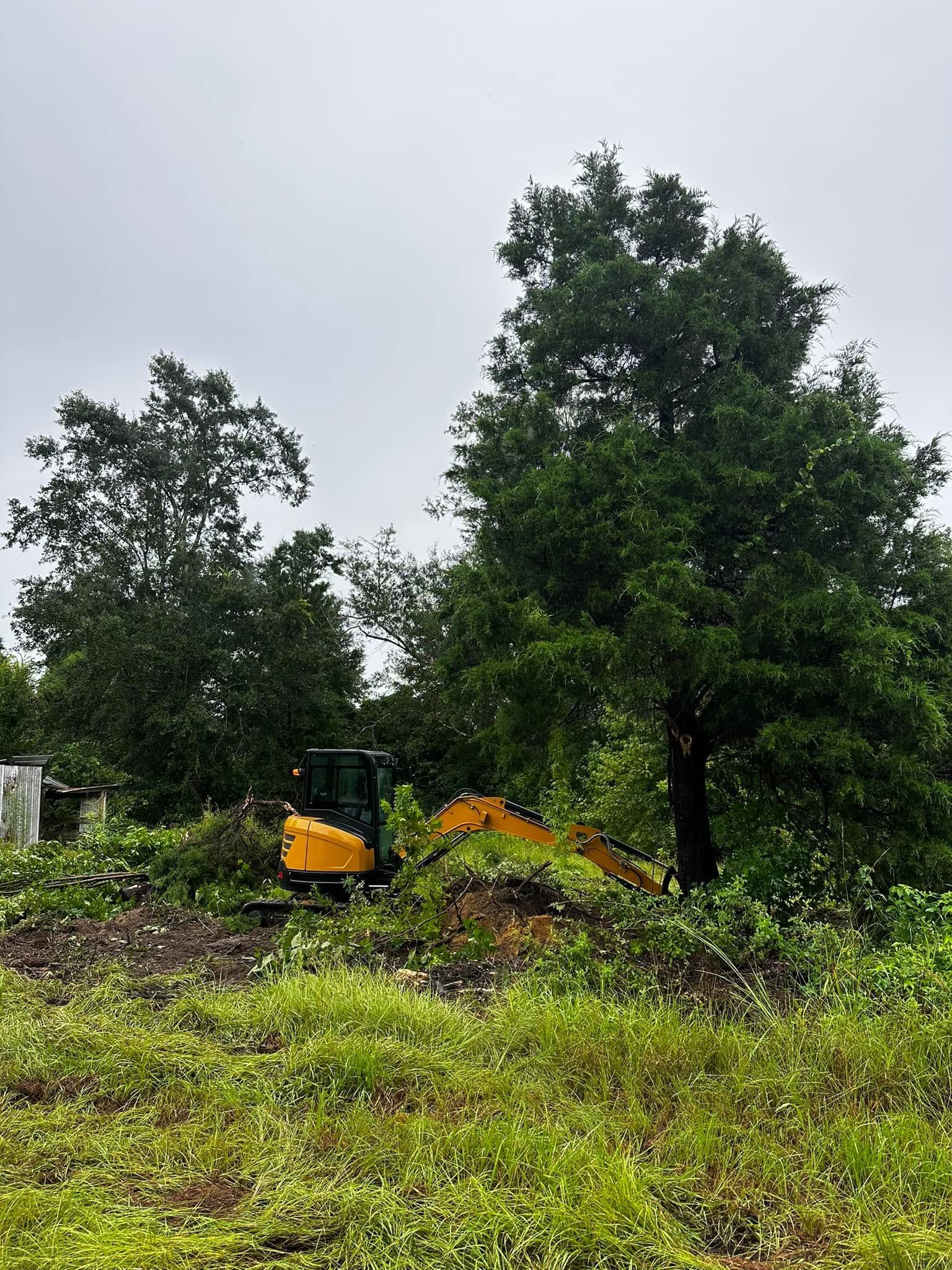 Wet green hillside with trees and orange tarp-covered mounds under an overcast sky