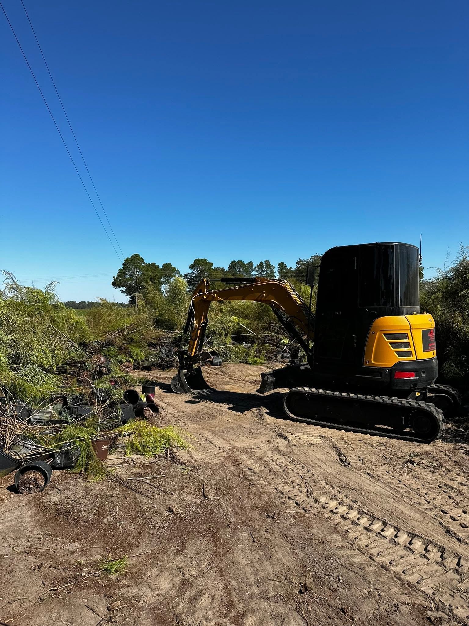Yellow excavator on a dirt track clearing brush beside a dense hedge under a clear blue sky