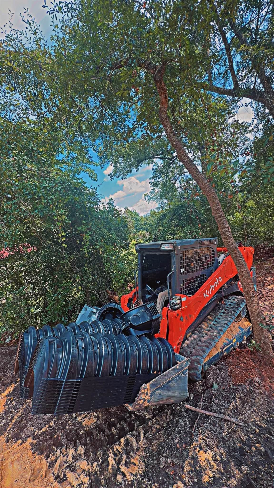 Orange excavator clearing brush beside a wooded area under a blue sky