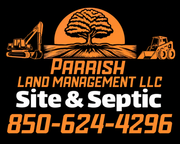 Parrish Land Management LLC logo with excavator, tree, tractor, site & septic services