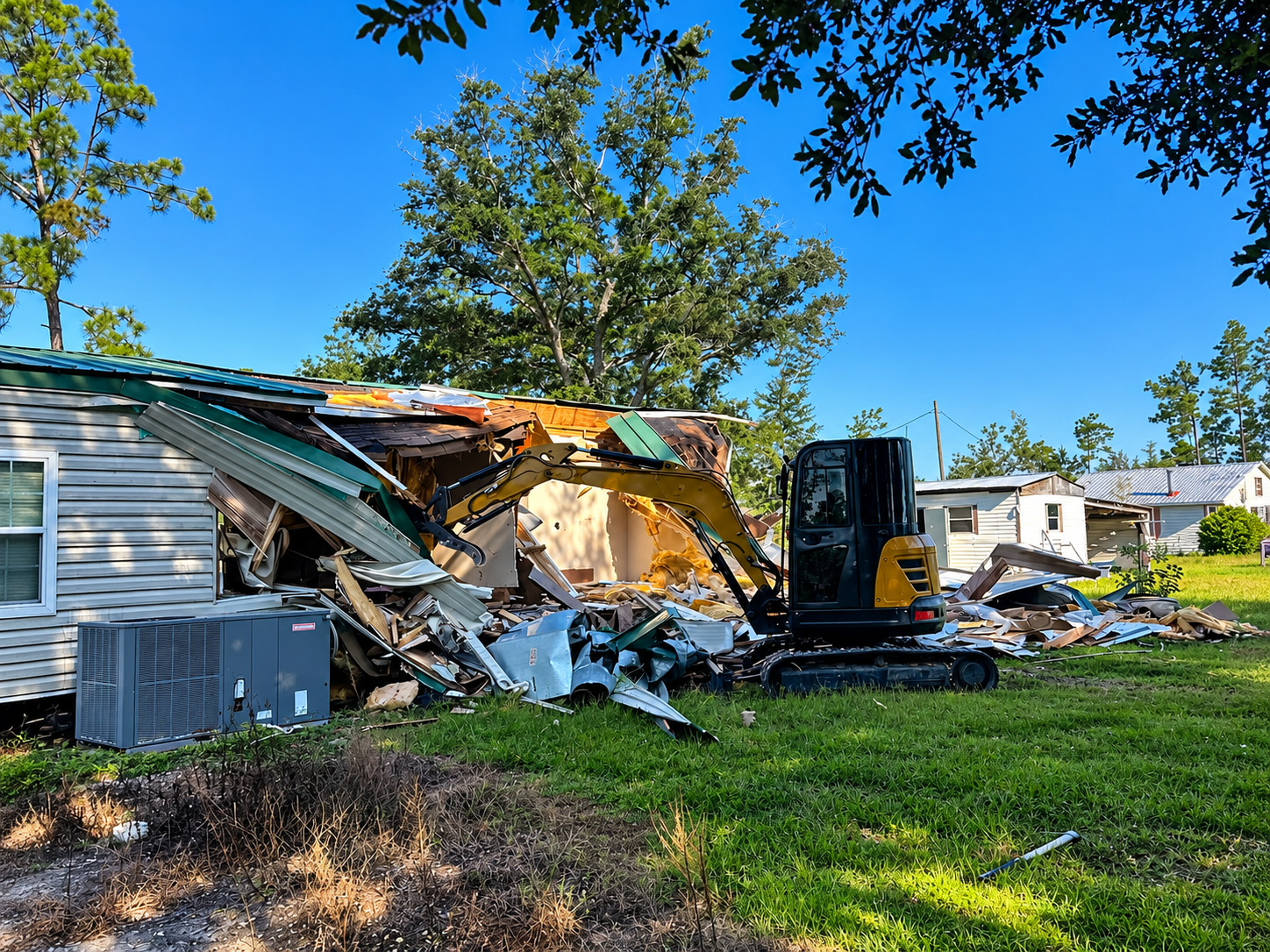 Collapsed house with damaged roof beside a tracked excavator, debris scattered across a grassy yard.