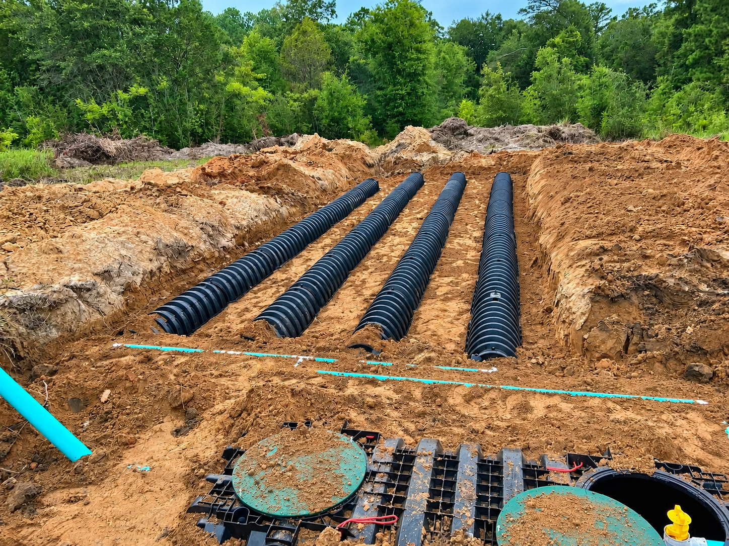 Black drainage pipes laid in a dirt trench at a construction site, with trees in the background