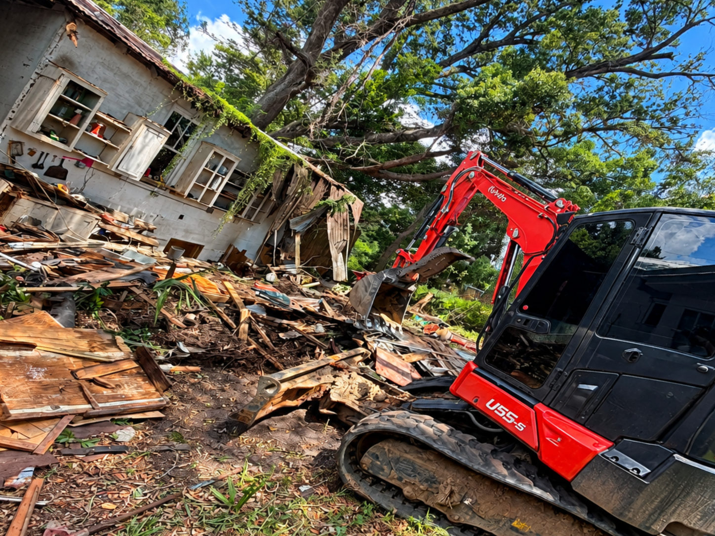 Red excavator clearing debris beside a damaged house after a storm