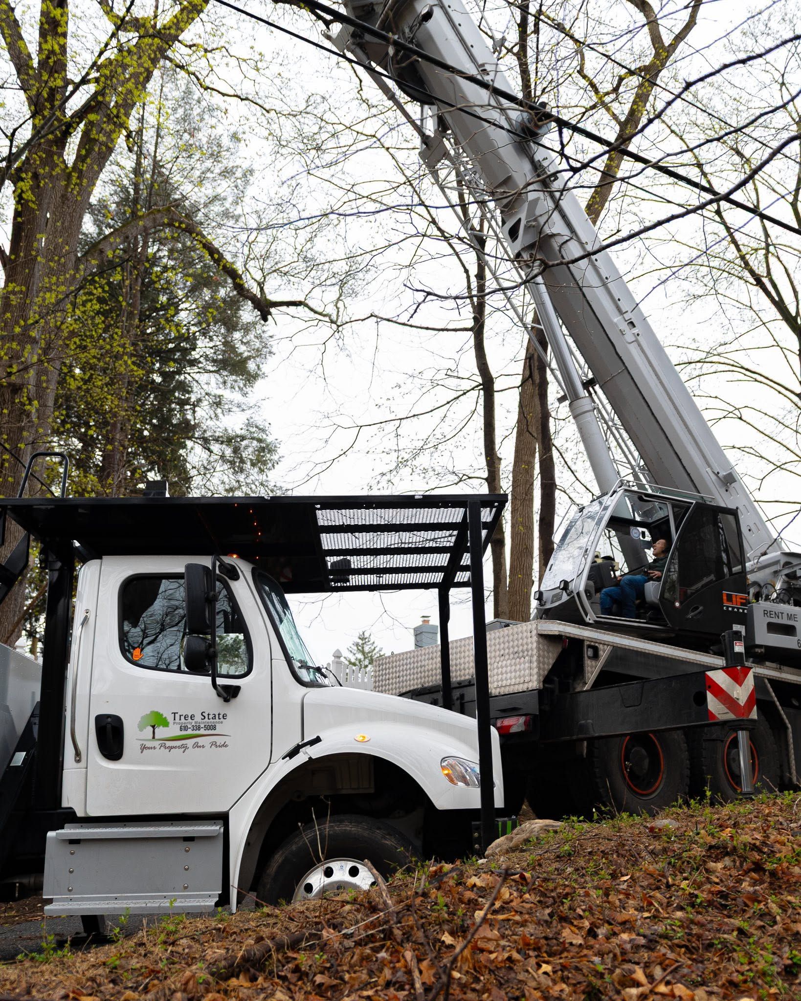 White utility truck with a crane lifting equipment on a wooded roadside covered in fallen leaves