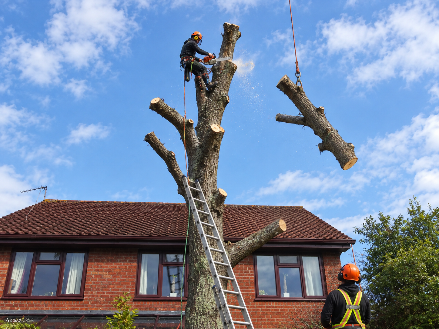 Two roofers wearing hard hats work on a shingled roof, one kneeling and one leaning forward.