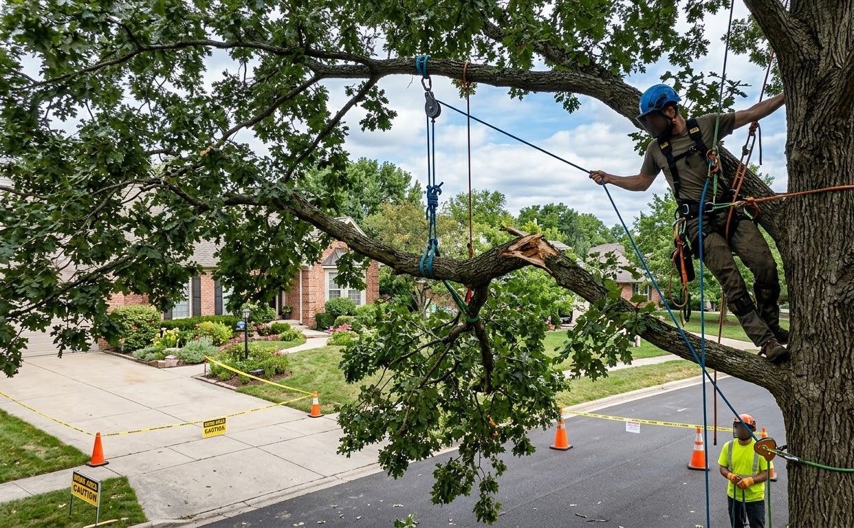 Two roofers wearing hard hats work on a shingled roof, one kneeling and one leaning forward.