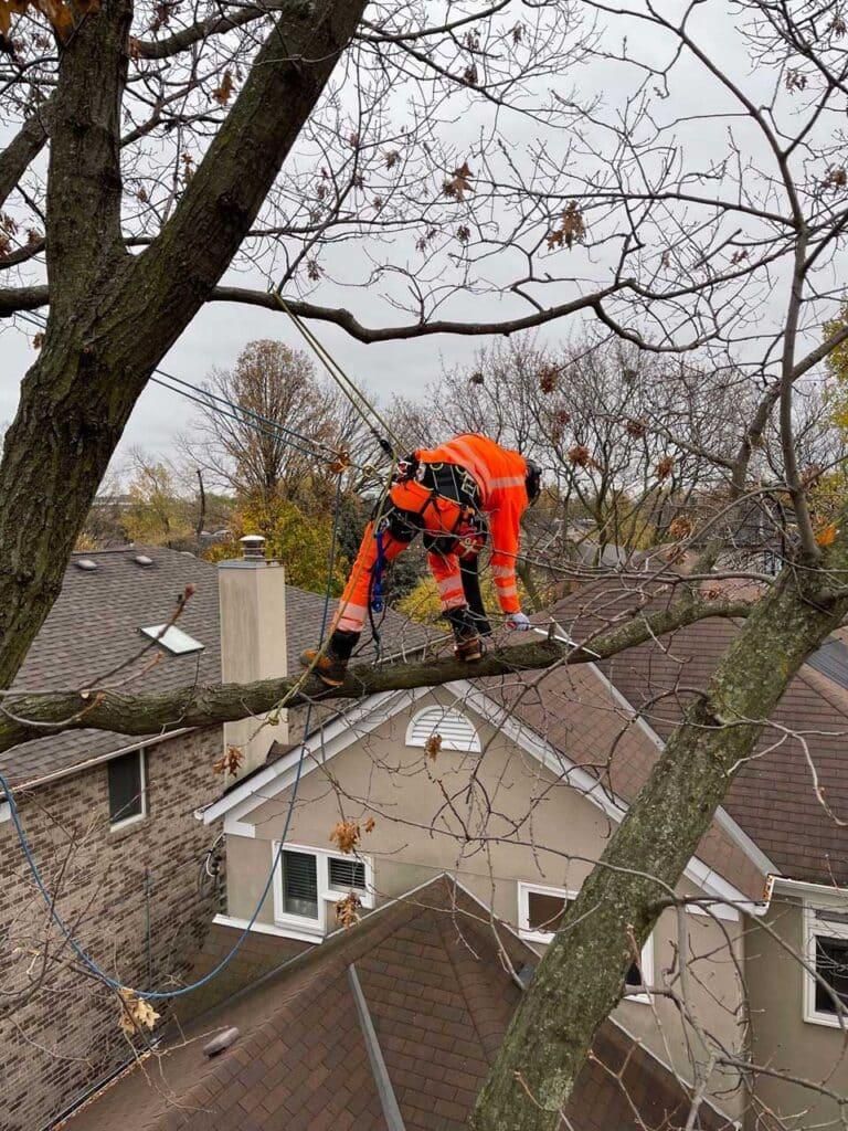 Two workers in hard hats repairing a shingled roof under a cloudy sky.