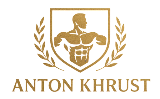 Gold logo featuring a muscular figure inside a crest, flanked by laurel wreaths, above the text