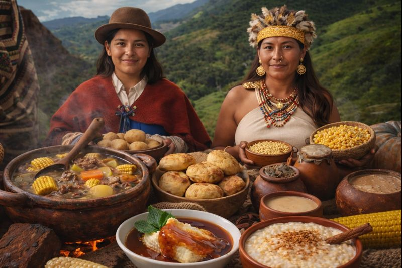 Gastronomía boyacense ancestral con platos tradicionales, mujeres campesinas y herencia muisca