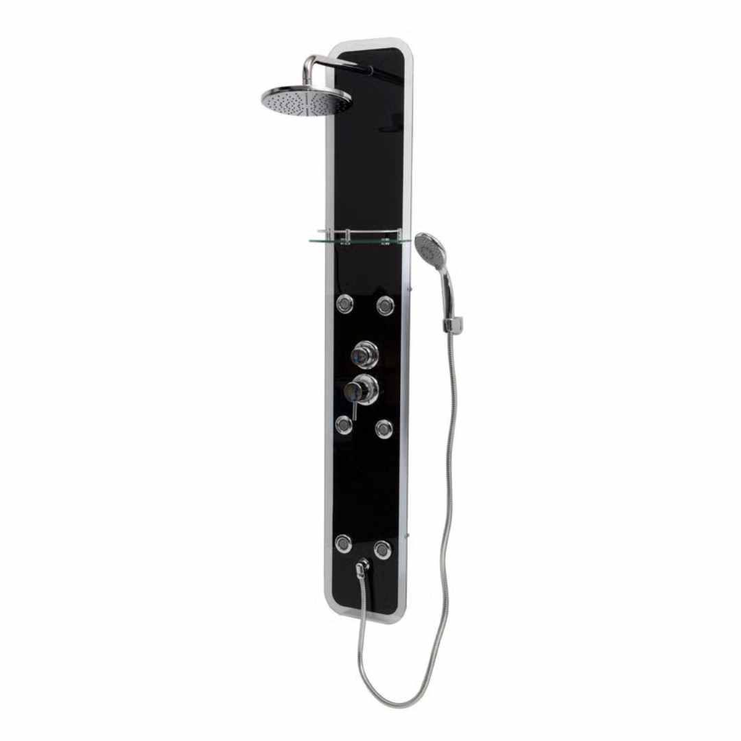 Black and chrome shower panel with rainfall showerhead, handheld sprayer, and control knobs.