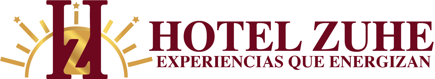 Hotel Zuhe logo: maroon lettering and sun graphic with the text 