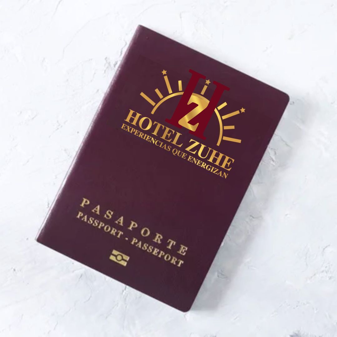 Maroon Hotel Zuhe passport with gold lettering on a white surface.