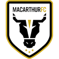 The logo for macarthur fc is a shield with a bull on it.