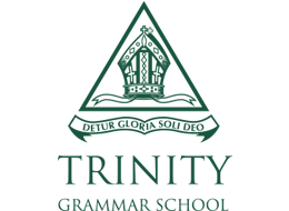 A logo for trinity grammar school with a green triangle