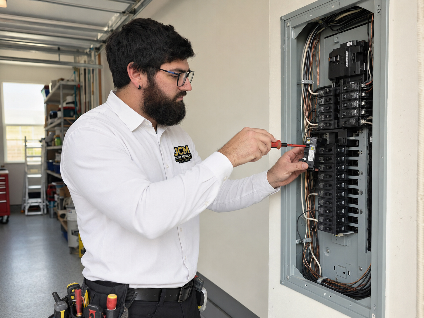 Technician inspecting an open electrical panel with a screwdriver in a utility room