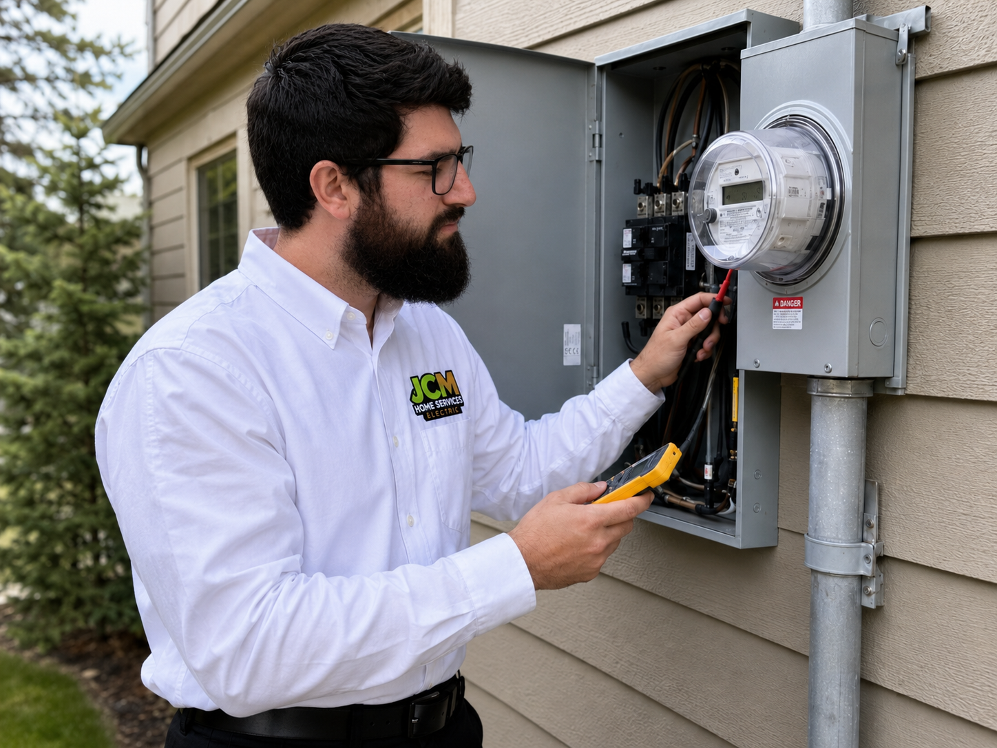 Technician inspecting an open electric meter panel with tools outside a house