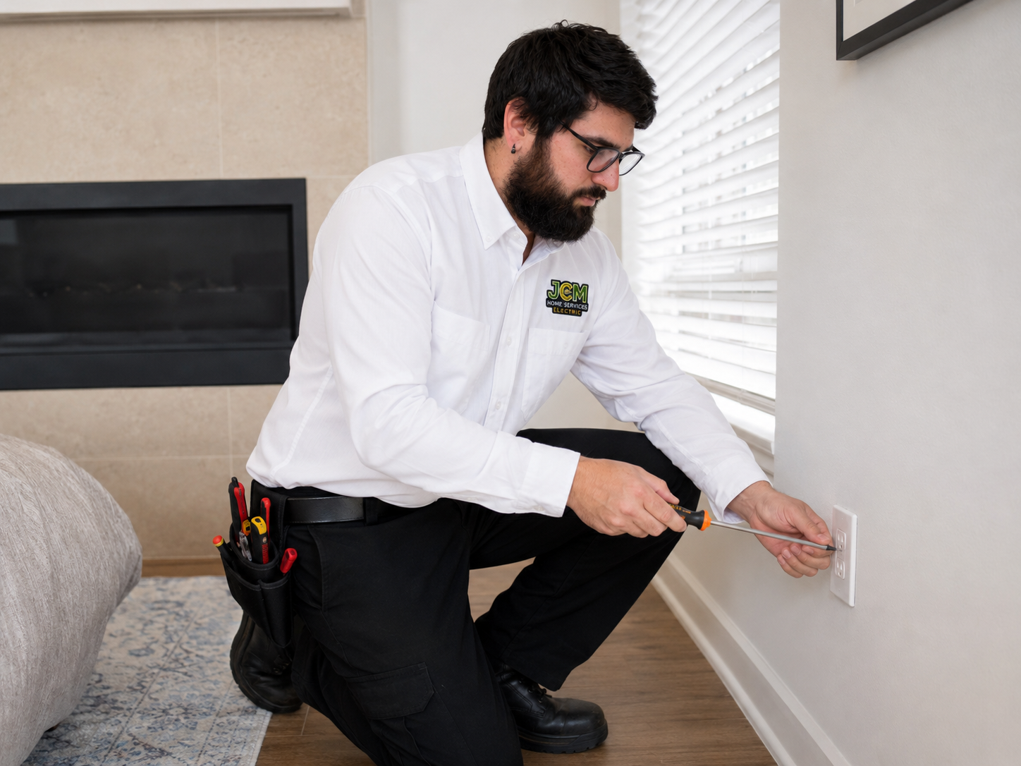 Technician crouching by a wall outlet, plugging in or inspecting a white cable indoors.